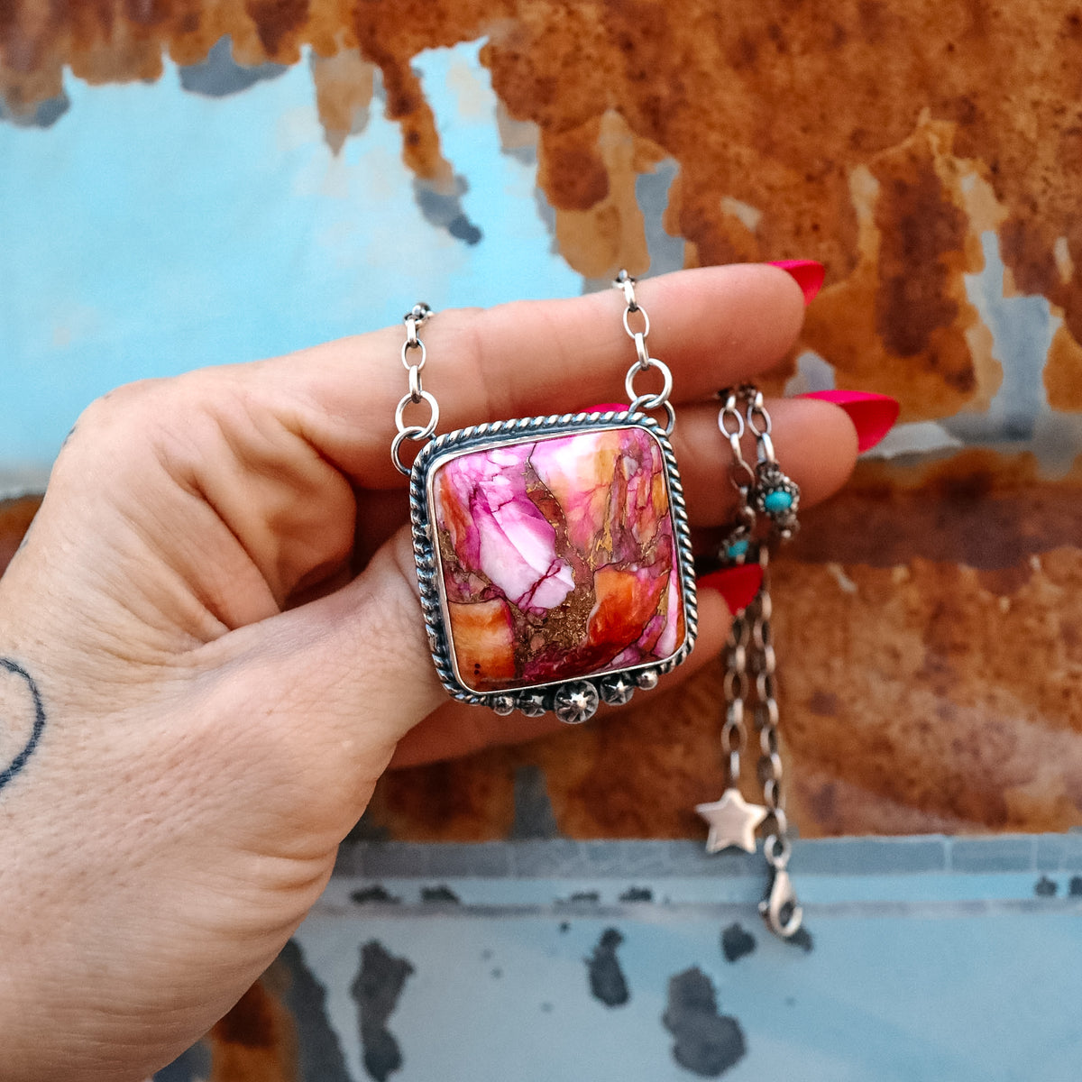 ‘Chonky Square' Statement Necklace - Orange Dahlia & Kingman - Pick Option