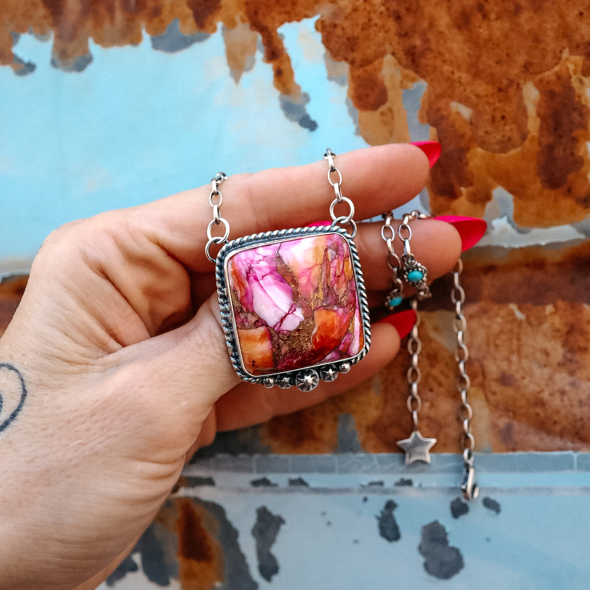 ‘Chonky Square' Statement Necklace - Orange Dahlia & Kingman - Pick Option