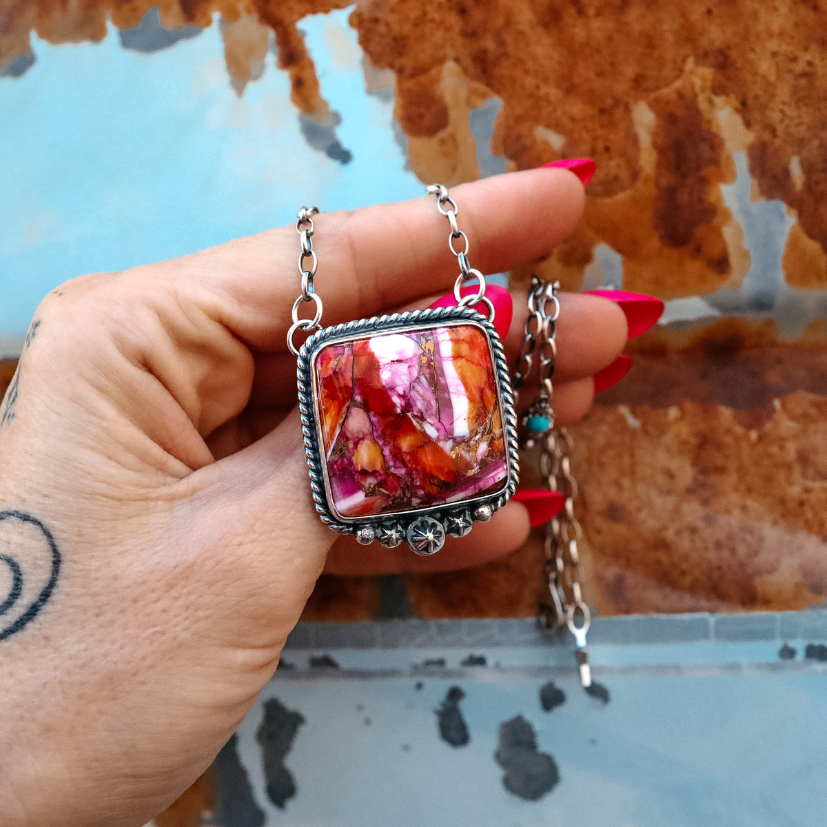 ‘Chonky Square' Statement Necklace - Orange Dahlia & Kingman - Pick Option