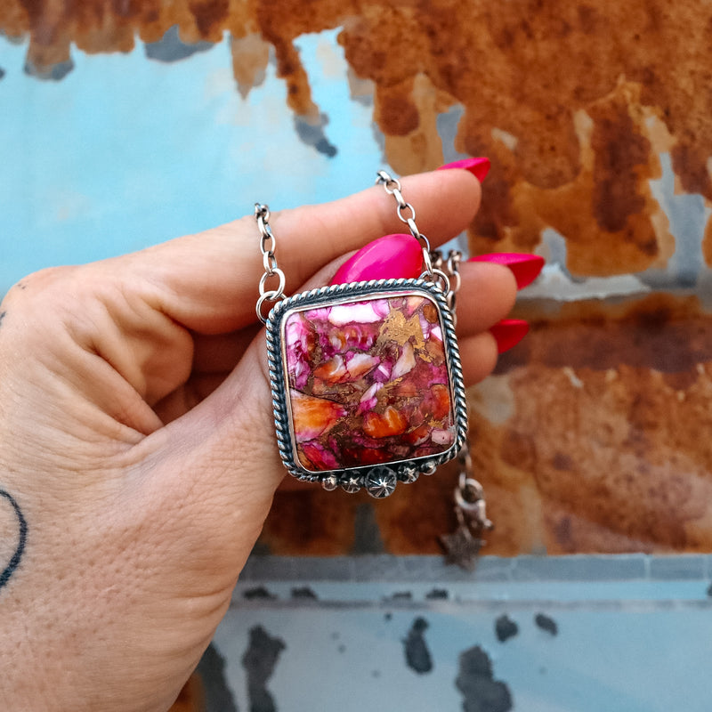 ‘Chonky Square' Statement Necklace - Orange Dahlia & Kingman - Pick Option