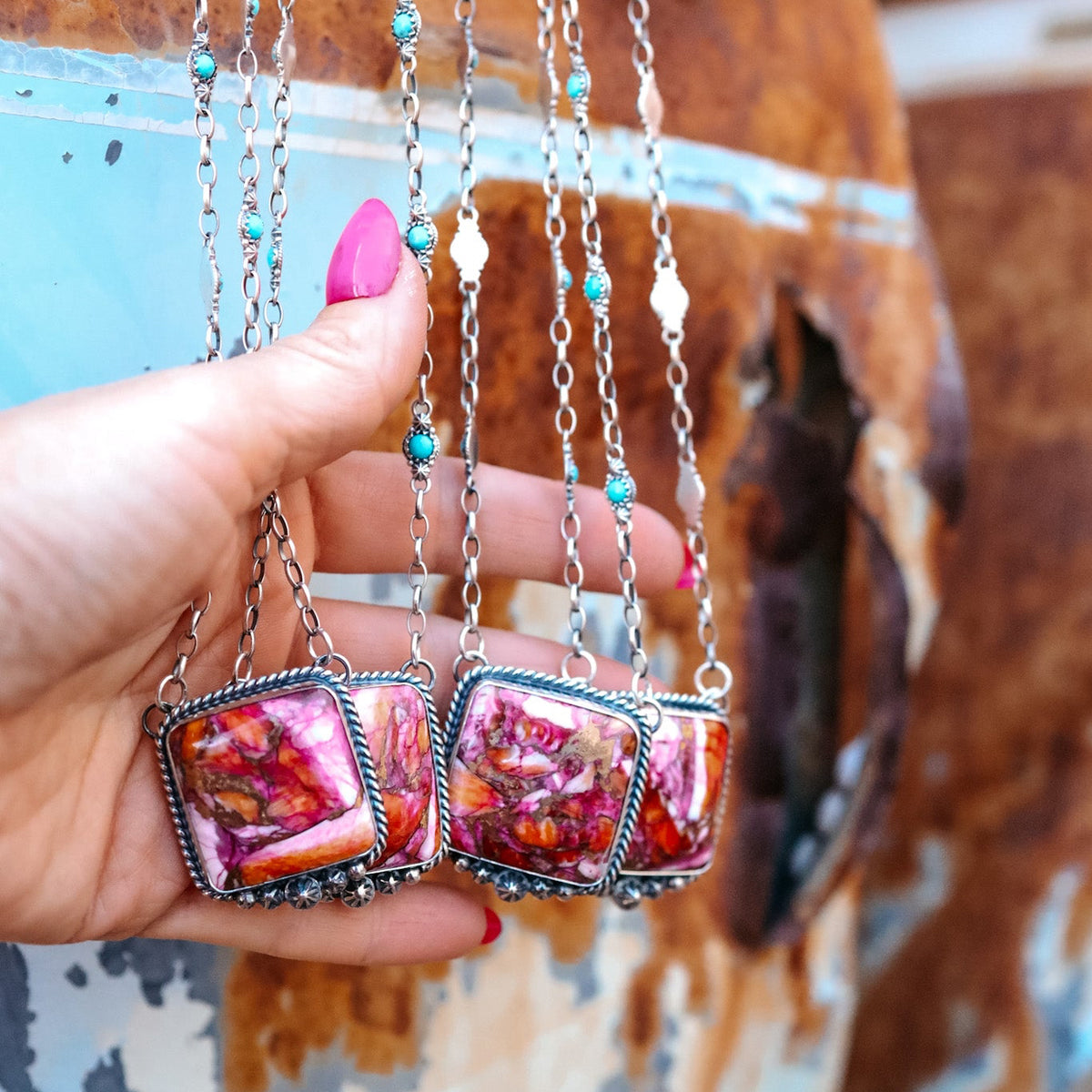‘Chonky Square' Statement Necklace - Orange Dahlia & Kingman - Pick Option