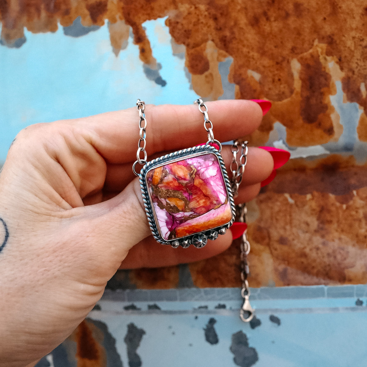 ‘Chonky Square' Statement Necklace - Orange Dahlia & Kingman - Pick Option